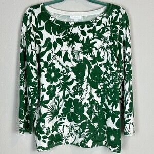 Charter Club Green White Floral Sweater L